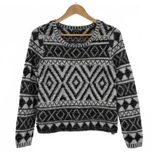 Lucky Brand Black and Gray Tribal Patterned Women's Sweater Medium